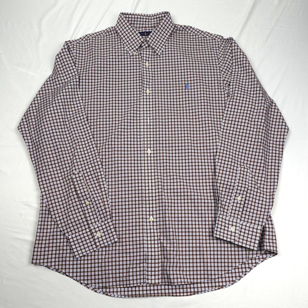 Ralph Lauren Plaid Shirt Men's L Brown Button Up Long Sleeves Logo Embroidered
